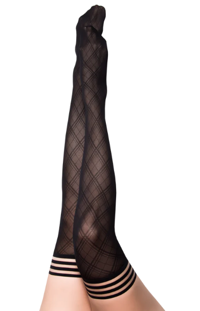 Kixies Tiffany Black Semi-Sheer Diamond Pattern Thigh-High Stockings Size A