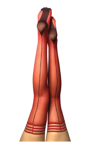 Kixies Monica Red Sheer Back-Seamed Thigh-High Stockings Size D