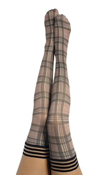 Kixies Lori Tan and Black Plaid Thigh High Stockings Size A