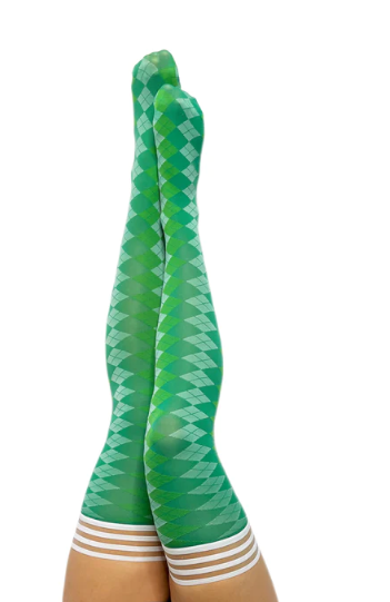 Kixies Par 4 Green Argyle Thigh-High Stockings Size D
