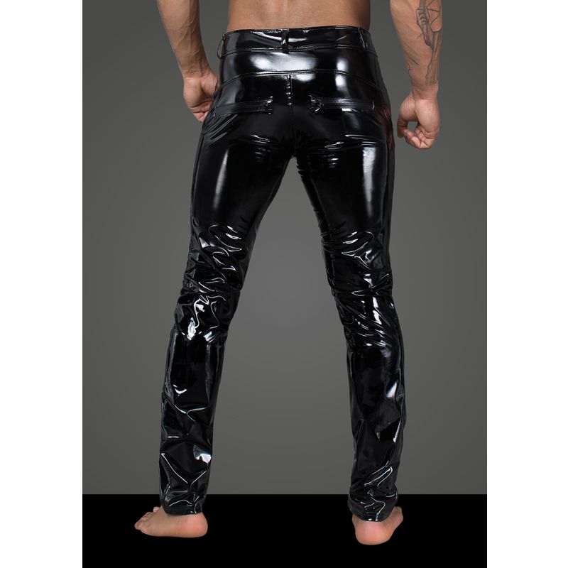 Long Black Elastic PVC Pants for Men with Front Snaps