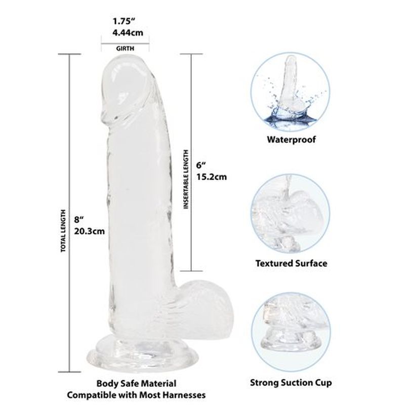 Crystal Dildo with Balls 8 Inch Clear