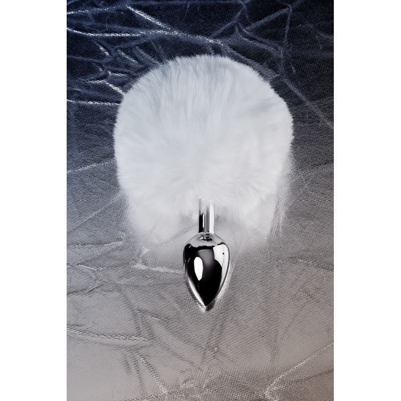 Silver Metal Anal Plug Small with White Faux Fur Tail