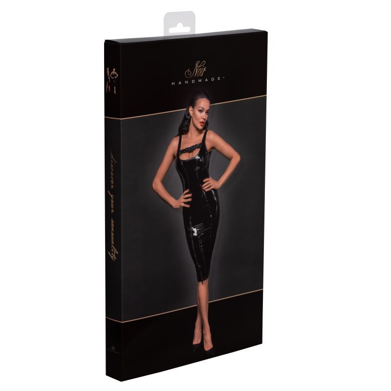 Noir PVC Midi Dress With Front Zipper And Frilled Chest Strap