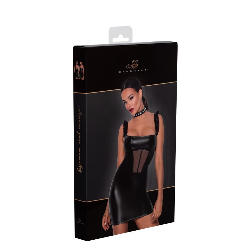 Noir Power Wetlook Short Dress with Front Tulle Inserts
