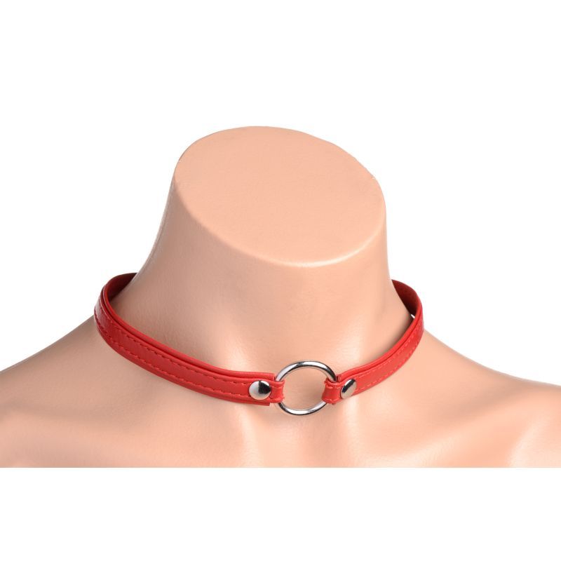 Fiery Pet Leather Choker with Silver Ring in Red