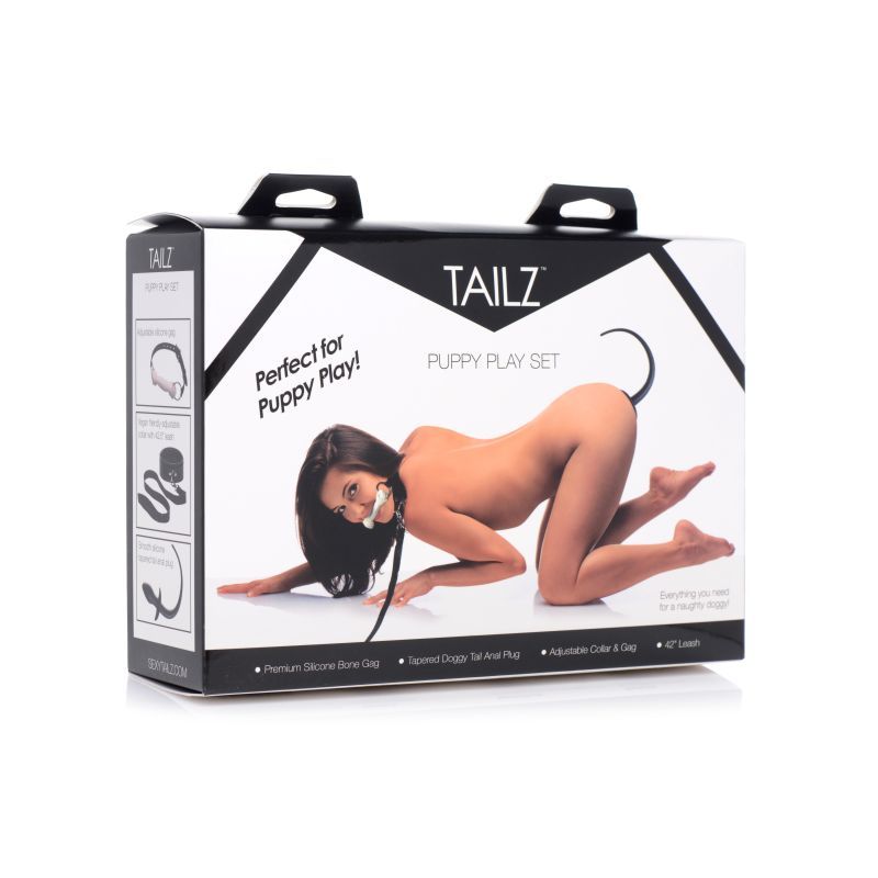 Puppy Play Set Including Gag Plug and Collar in Black