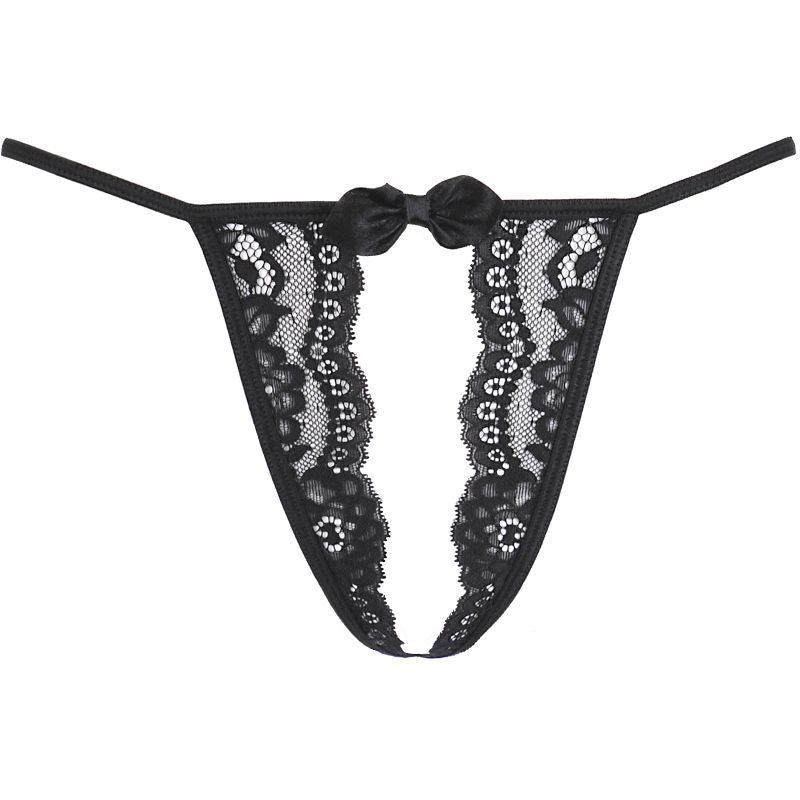 Lace Open Front G-String in Black with Bow Detail