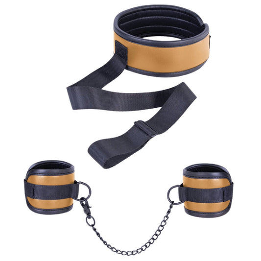 Adjustable Brown Collar with Handcuffs – Velcro Lock, Webbing Strap, 22.4cm Chain