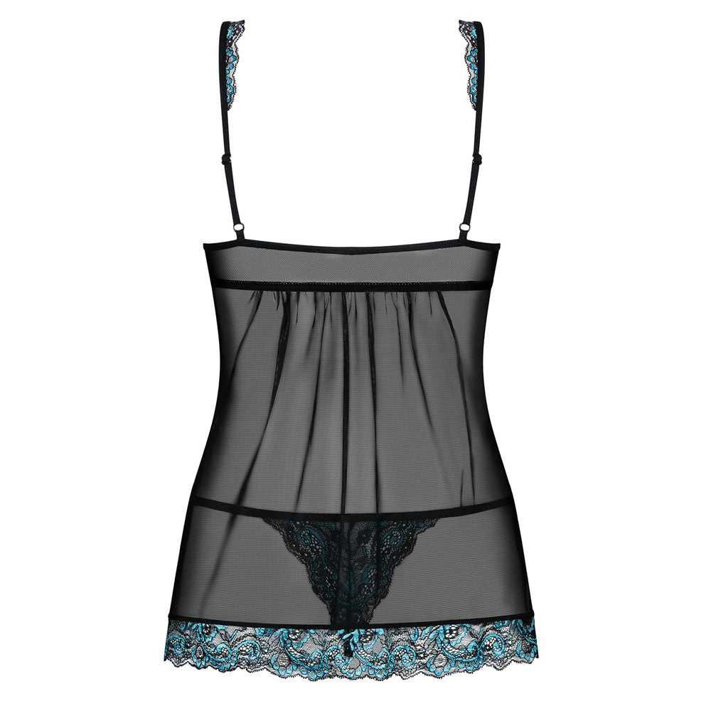 Obsessive Open Front Babydoll and String (Black) – Transparent Stretchy Lingerie Set