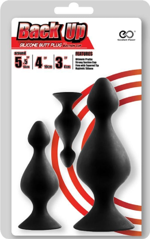 Back Up Kit Butt Plug Set 3 Sizes Black Silicone with Suction Cup Base