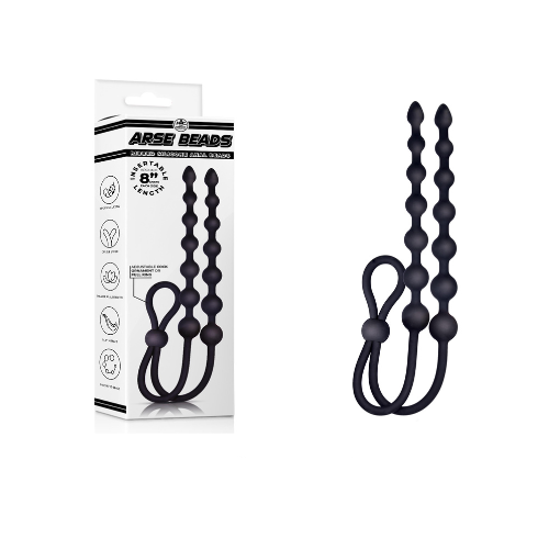 Arse Beads Adjustable Cock Ring with 8 Inch Double Ball Beads in Black Silicone