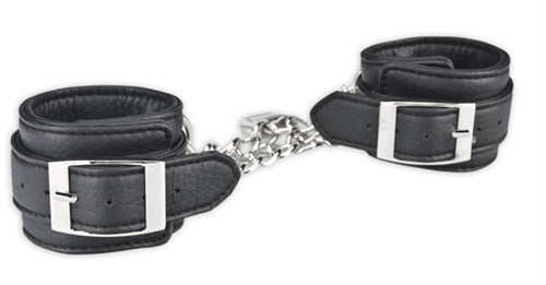 Lux Fetish Unisex Black Leatherette Cuffs with Lock, Chain, and Satin Blindfold
