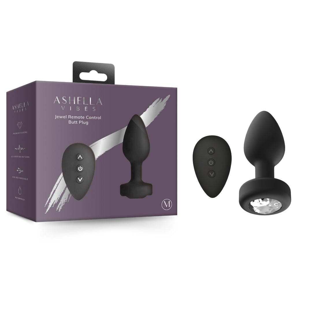 Ashella Vibes Jewel Remote Control Butt Plug Medium Black with and 10 Vibration Patterns