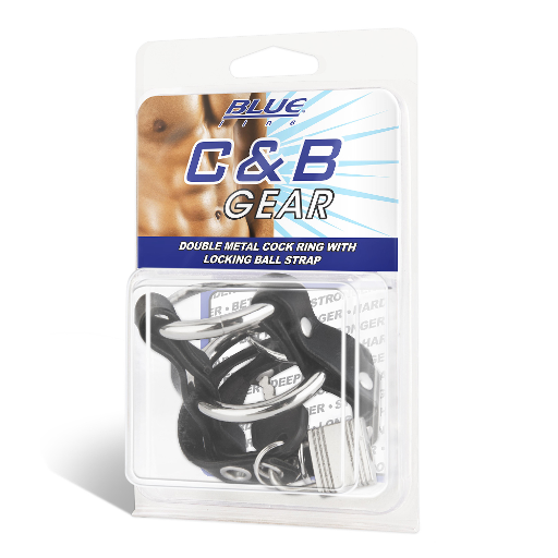 Blue Line Double Metal Cock Ring with Locking Ball Strap