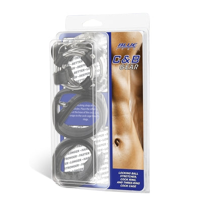 Blue Line Locking Ball Stretcher Cock Ring and Three-Ring Cock Cage Set