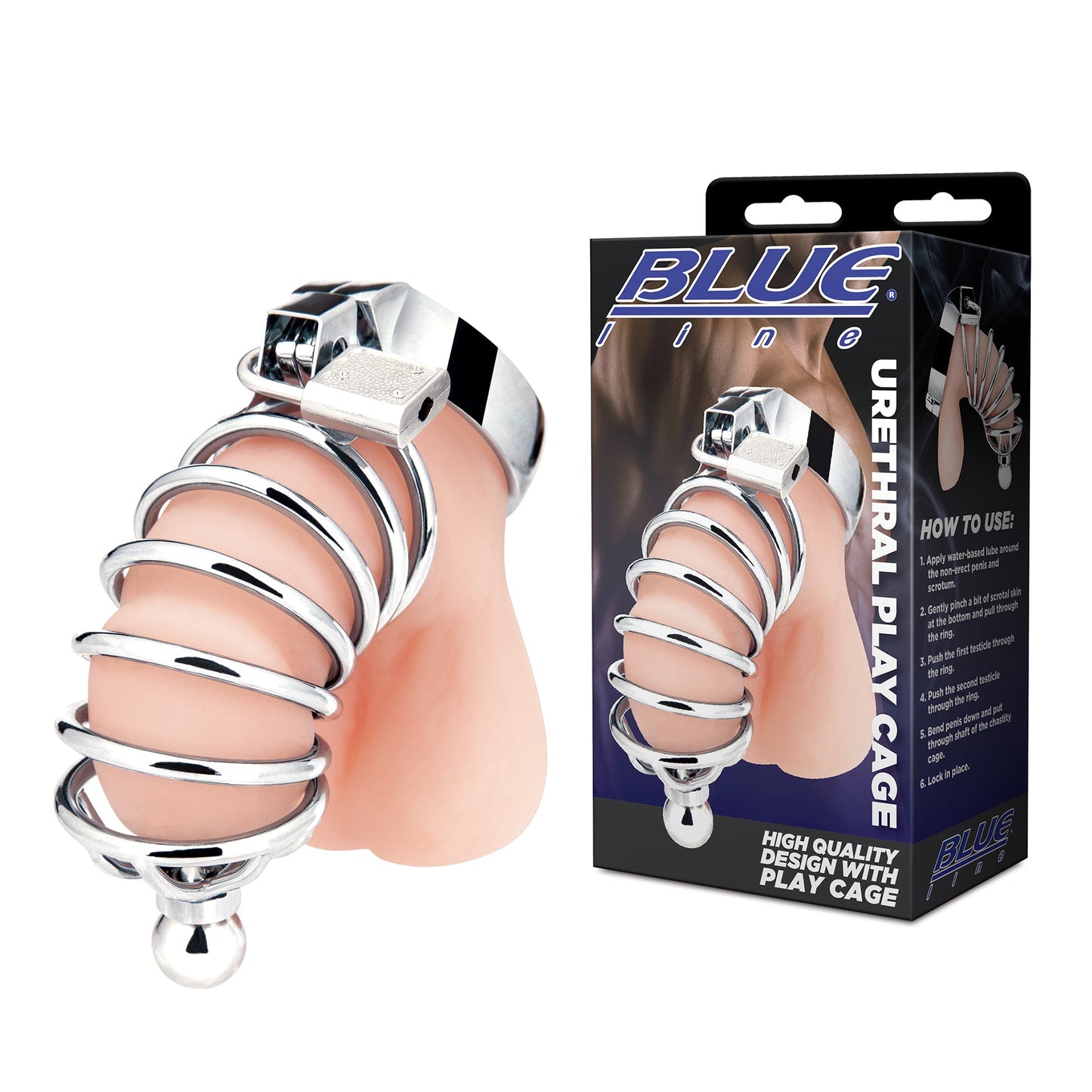 Blue Line Urethral Play Cock Cage Metal Ring for Intense Fun
