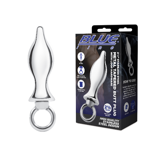 Blue Line 2.5 Inch Stainless Steel Metal Tapered Butt Plug with Loop Hardware