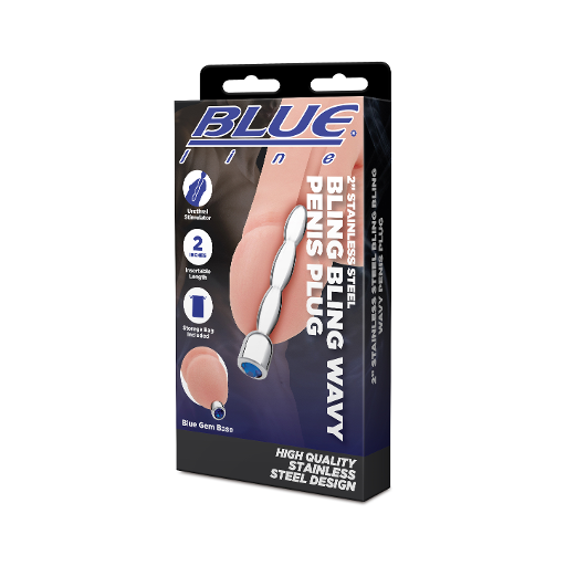 Blue Line 2 Inch Stainless Steel Bling Bling Wavy Penis Plug with Blue Gem Base