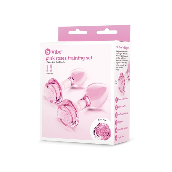 B-Vibe Pink Roses Glass Butt Plug Training Set