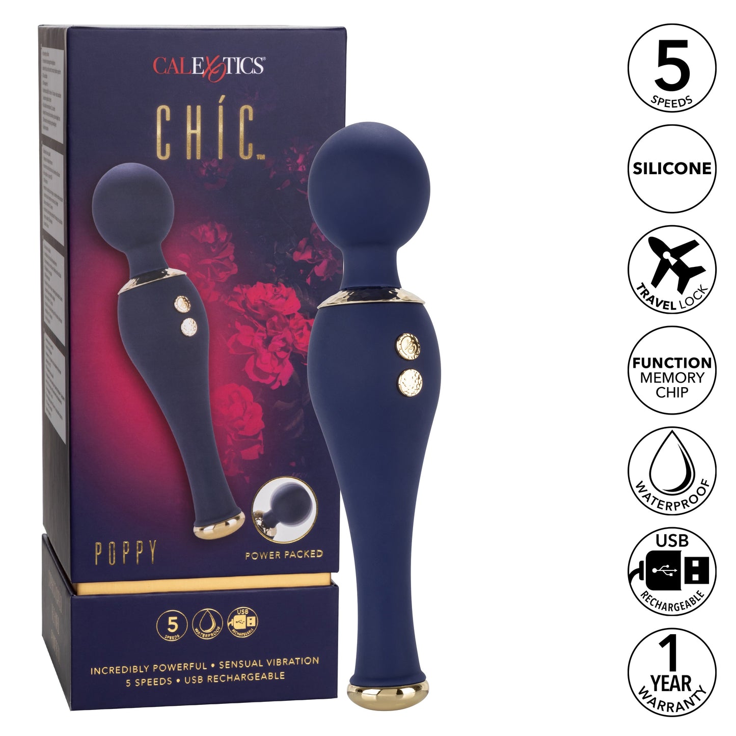 Chic Poppy Navy Blue Ultra-Plush Silicone Massager with 5 Vibration Levels and Gold Accents, Rechargeable, Waterproof