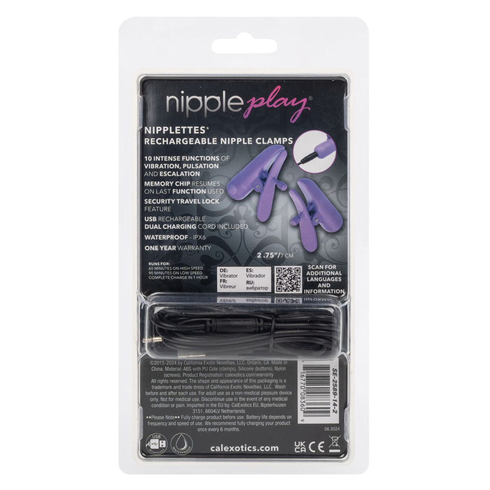 Nipple Play Nipplettes (Purple) – Waterproof Rechargeable 2.75 Inch Nipple Clamps