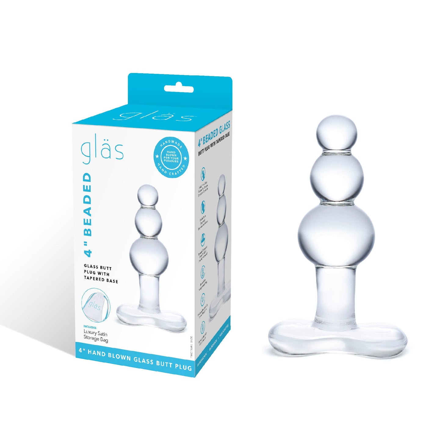 Glas 4 Inch Clear Beaded Butt Plug with Tapered Base