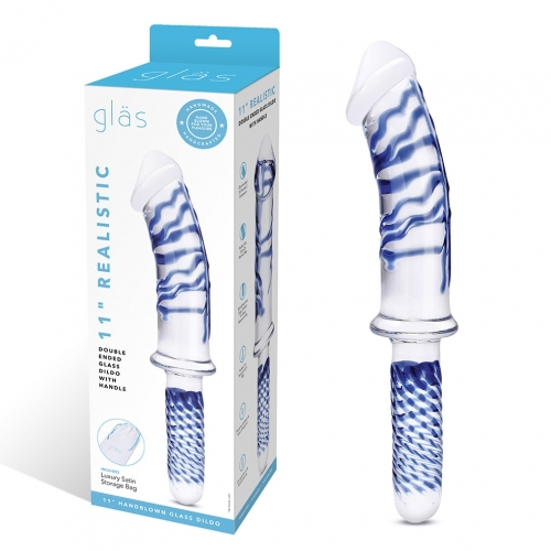 Glas 11 Inch Realistic Double Ended Blue and White Glass Dildo With Handle > Glass > Dildos
