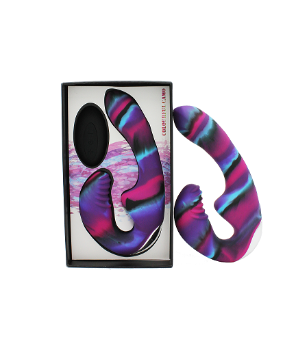 Colourful Camo Tandem Remote Control Strapless Strap-On (Blue) – Waterproof Silicone Vibrator