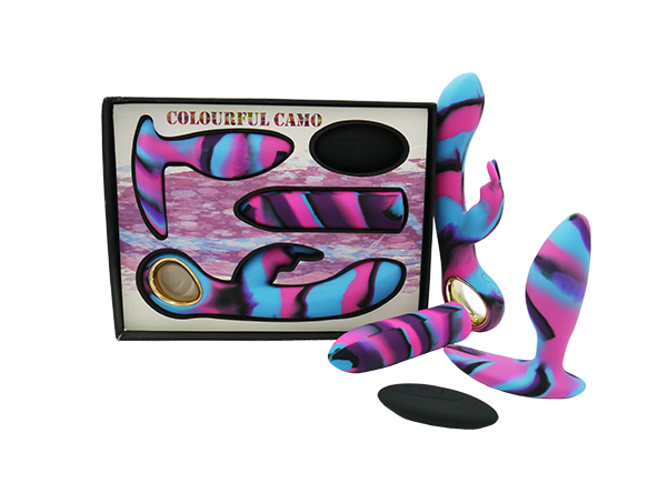 Colourful Camo Lovers Kit Blue Silicone Rabbit Vibrator Tracer Bullet and Idyllic Remote Control Butt Plug Set