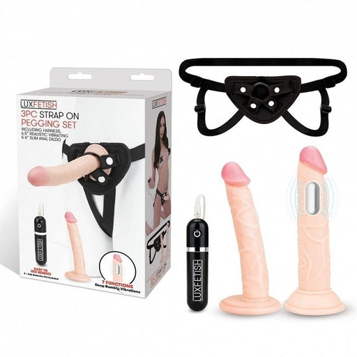 Lux Fetish 3 PC Strap-On Pegging Set With 6.5 Inch Realistic Vibrating Dildo and 6 Inch Slim Anal Dildo