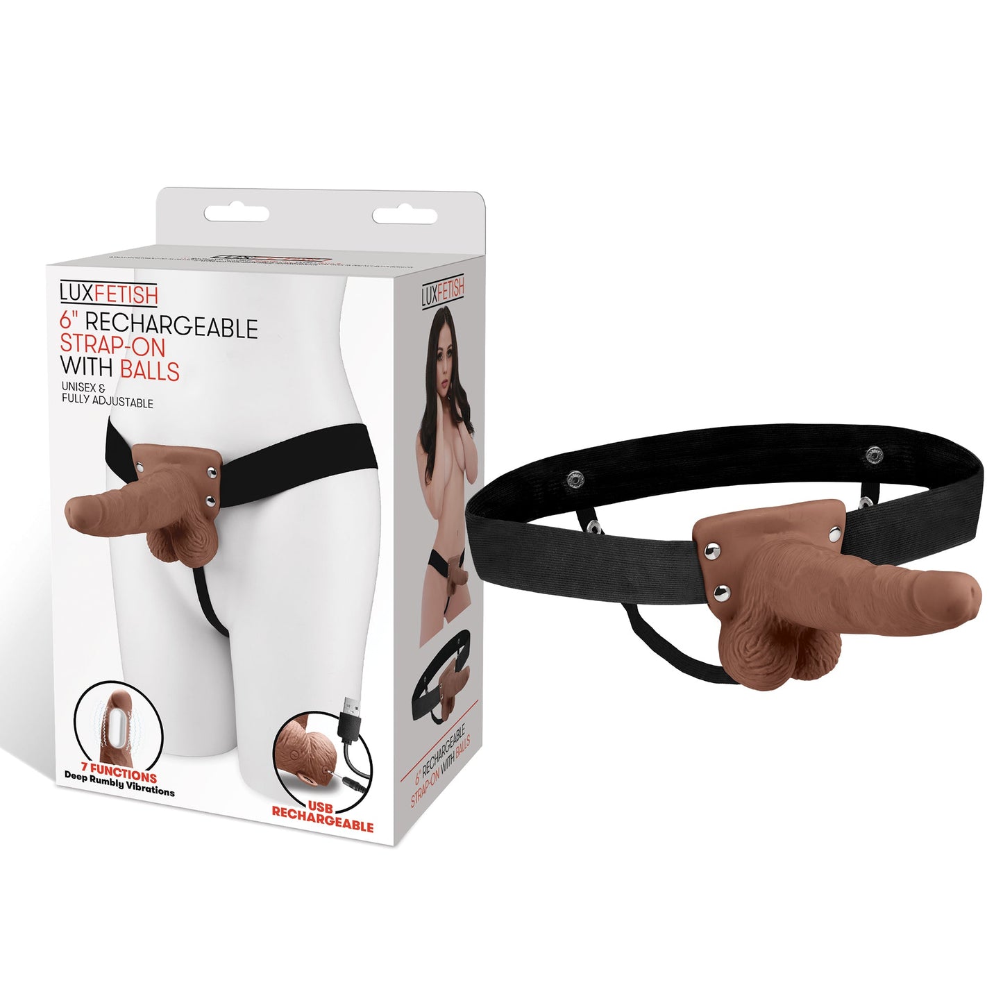 Lux Fetish 6 Inch Strap-On With Balls Brown Realistic Vibrating Harness