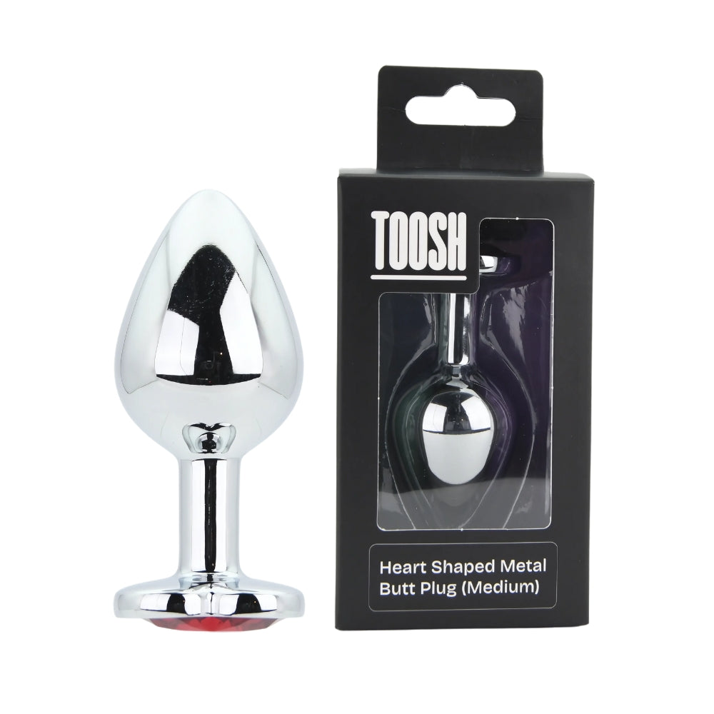 Toosh Heart Shaped Medium Silver Butt Plug with Red Stone Jewel