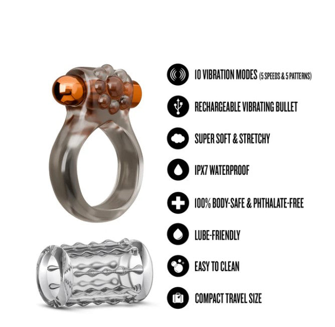 Stay Hard Vibrating Cock Ring Set With Textured Sleeve - Stamina Enhancer