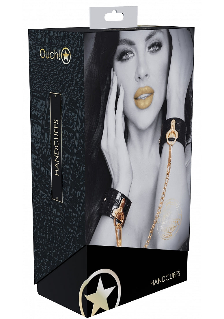 Ouch Rome Collection Black PU Leather Handcuffs with Iridescent Hardware