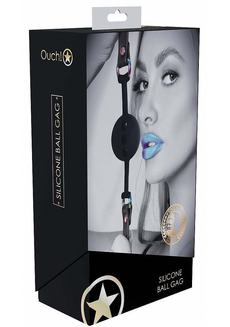 Ouch Venice Collection Silicone Ball Gag with Adjustable PU Leather Straps and Iridescent Hardware