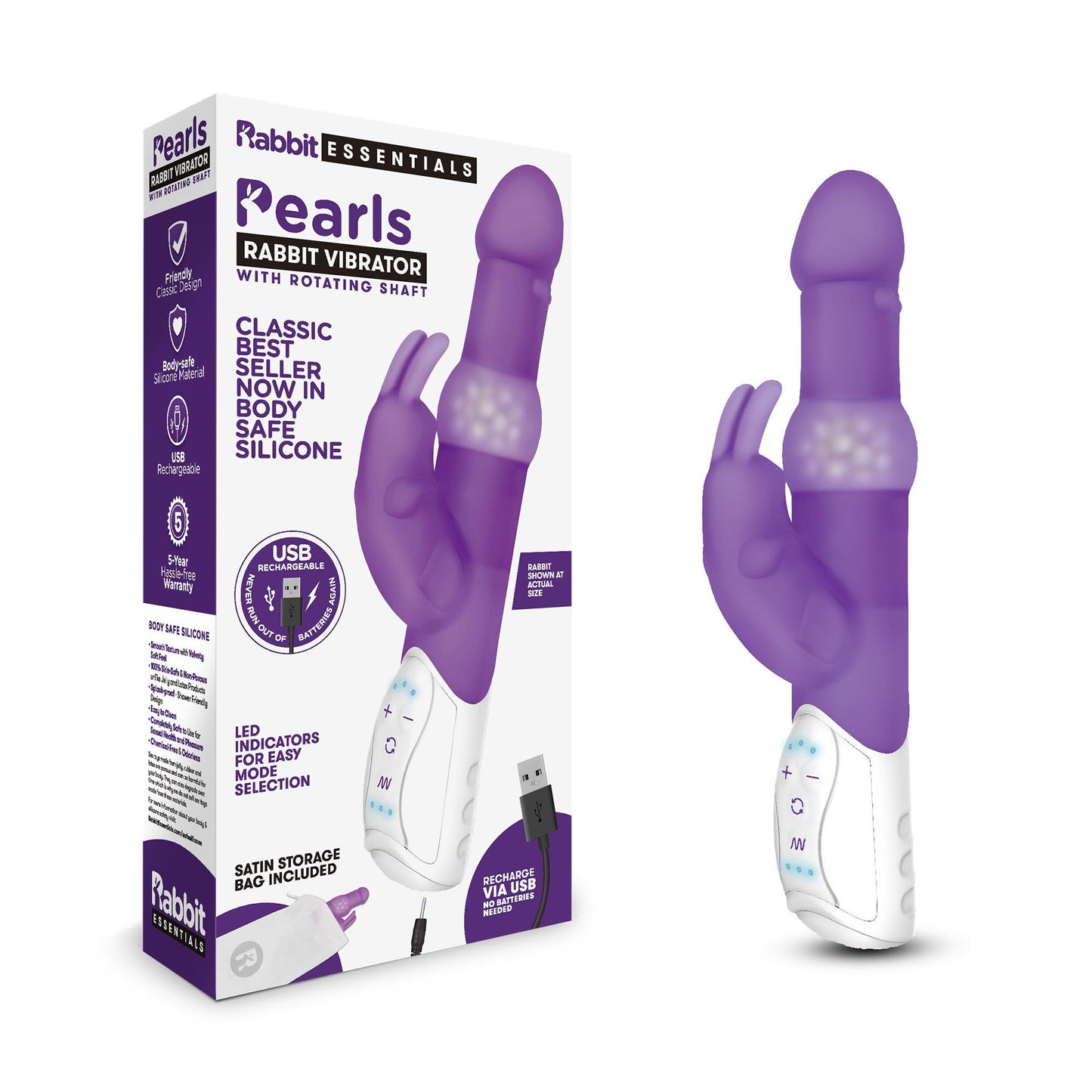 Rabbit Essentials Pleasure Pearls Rabbit Vibrator Purple with Body-Safe Silicone and LED Display