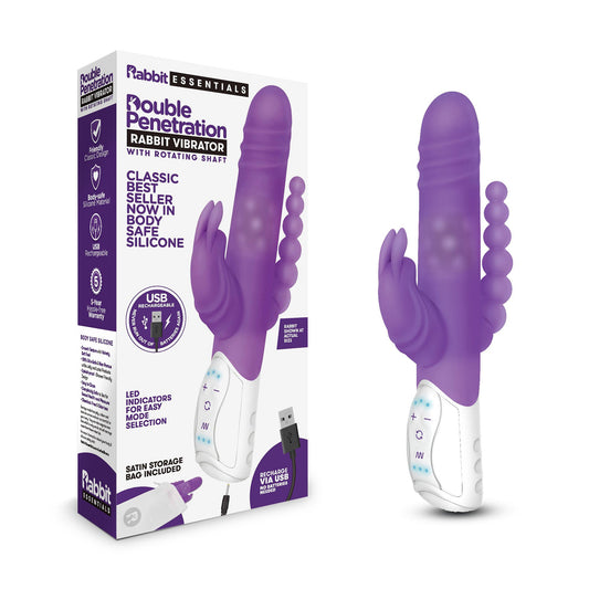 Rabbit Essentials Double Penetration Rabbit Vibrator in Purple with Rotating Beads and Body-Safe Silicone