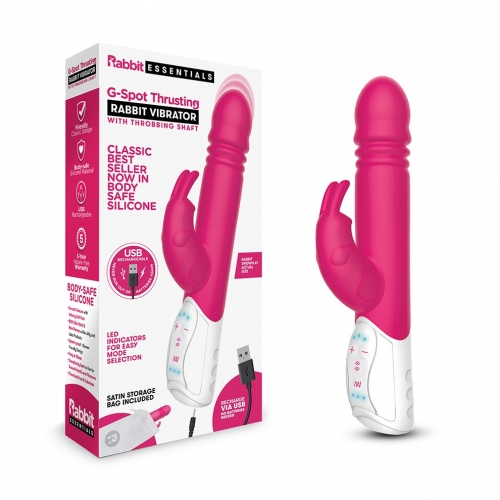 Rabbit Essentials G-Spot Thrusting Rabbit Vibrator Hot Pink with Ultra-Soft Silicone and Throbbing Shaft
