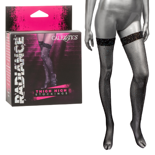 Radiance Black Rhinestone Mesh Thigh High Stockings with Stay-Up Support - One Size