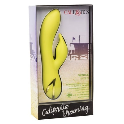 California Dreaming Venice Vixen Yellow Silicone Massager with 10 Vibration Functions and Waterproof Design
