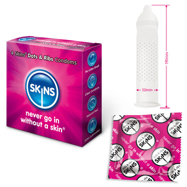 Skins Dots and Ribs Condoms 4 Pack – Waterproof Pleasure Condoms 192mm Diameter