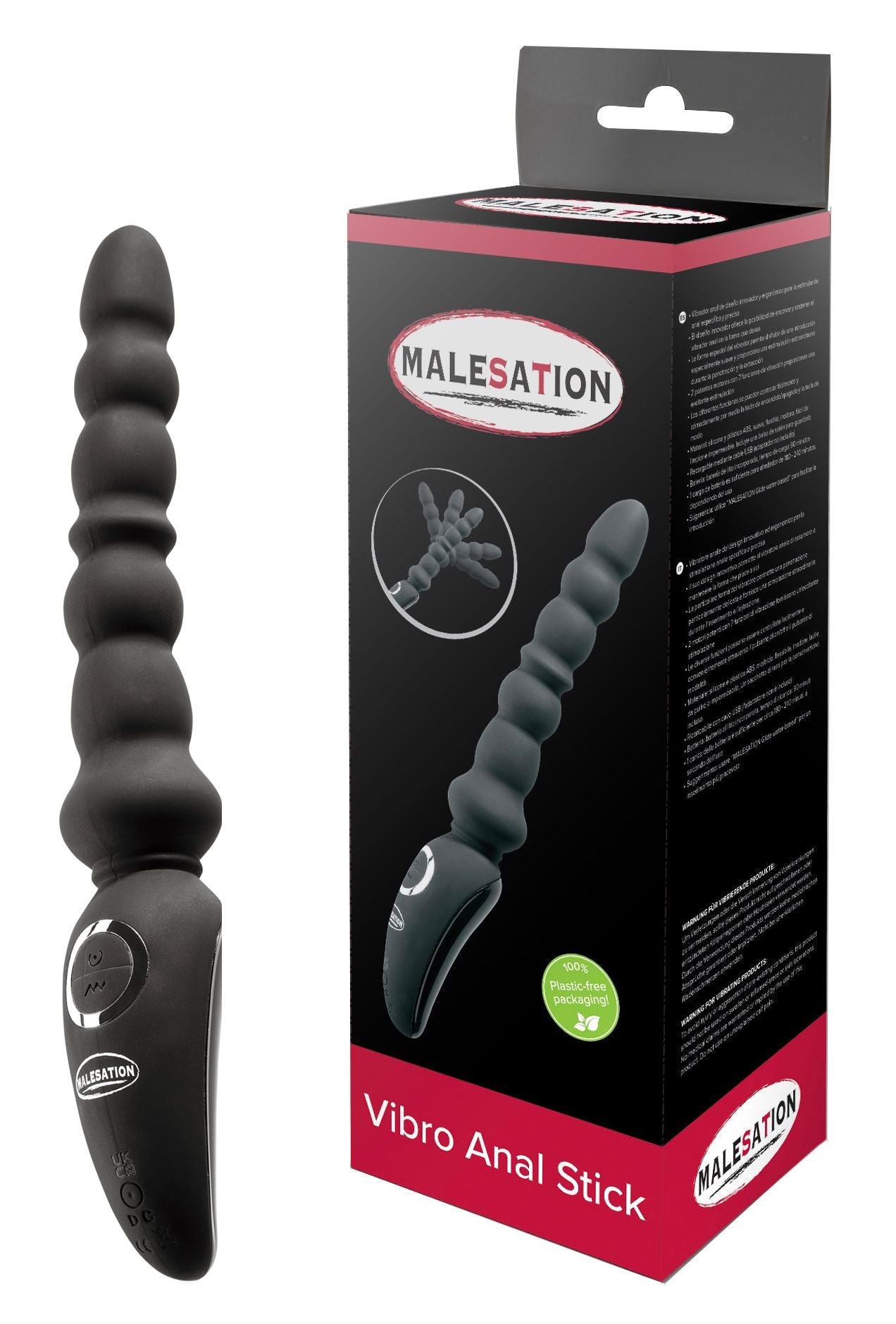 Malesation Vibro Anal Stick Black Silicone Flexible Waterproof with 7 Vibration Functions