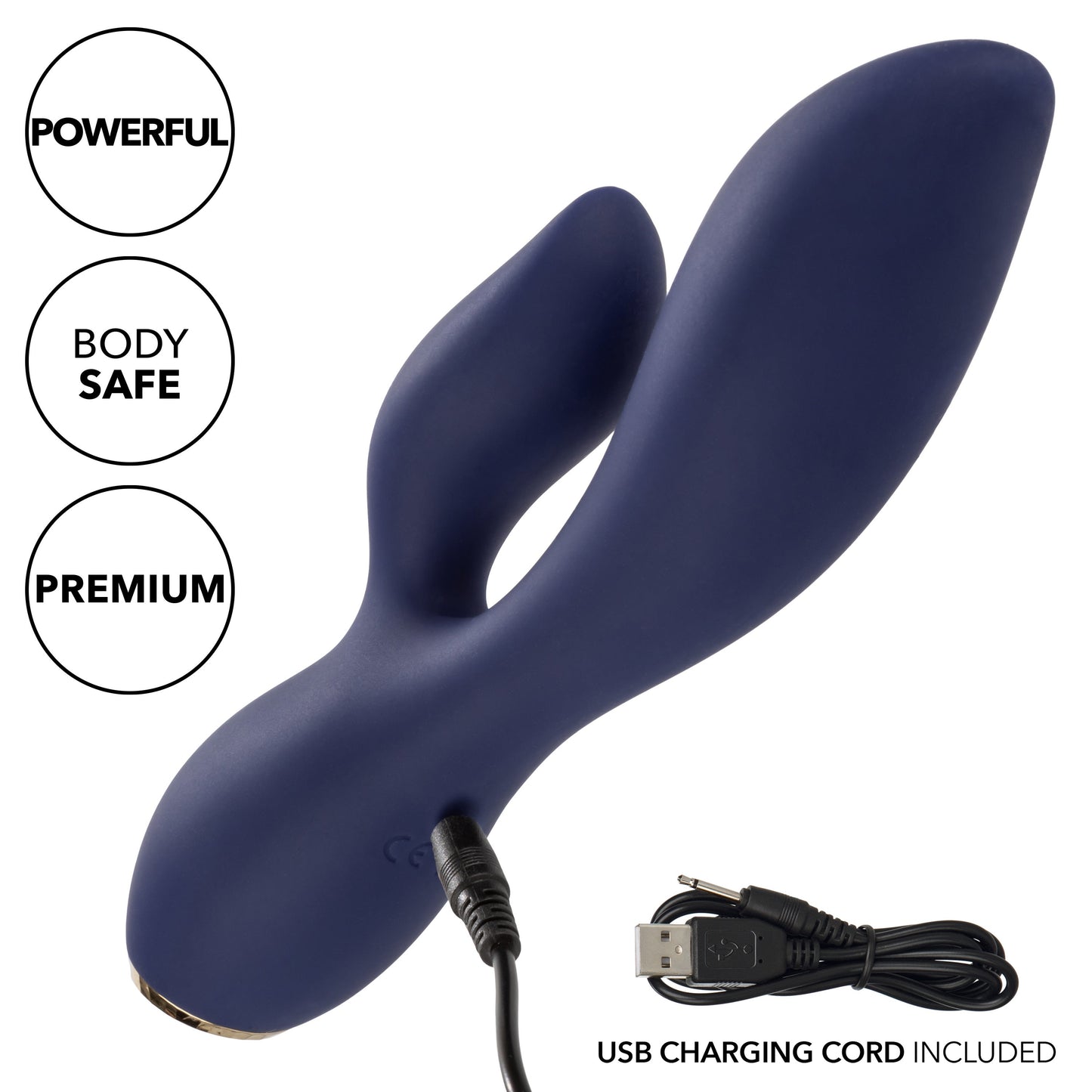 Chic Blossom Navy Blue Flexible Silicone Dual Motor Vibrator with Gold Accents, 10 Speeds, Waterproof and Rechargeable