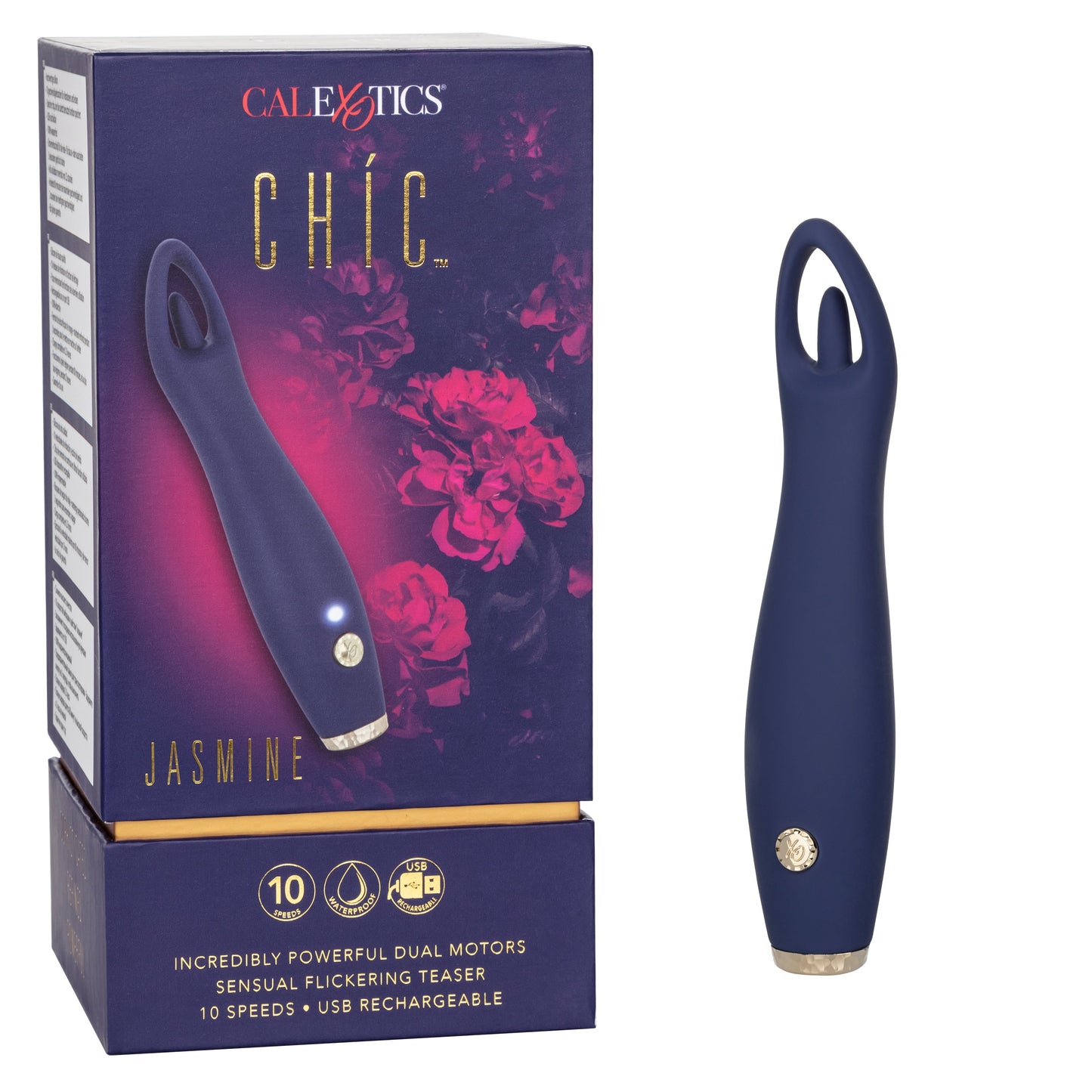 Chic Jasmine Navy Blue 6.25 Inch Dual Motor Silicone Vibrator with 10 Speeds and Rechargeable