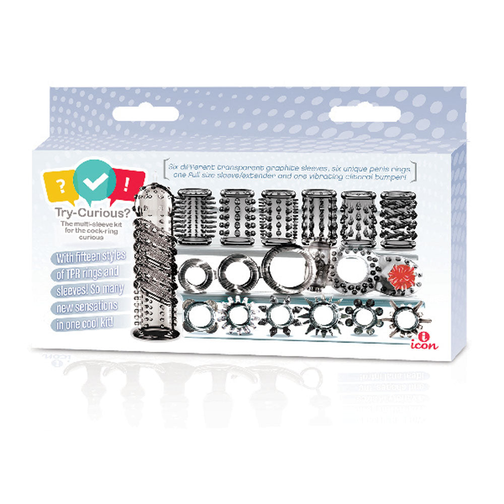 Try-Curious Cock Ring and Sleeve Set Clear – 15 Piece TPR Cock Ring and Sleeve Kit