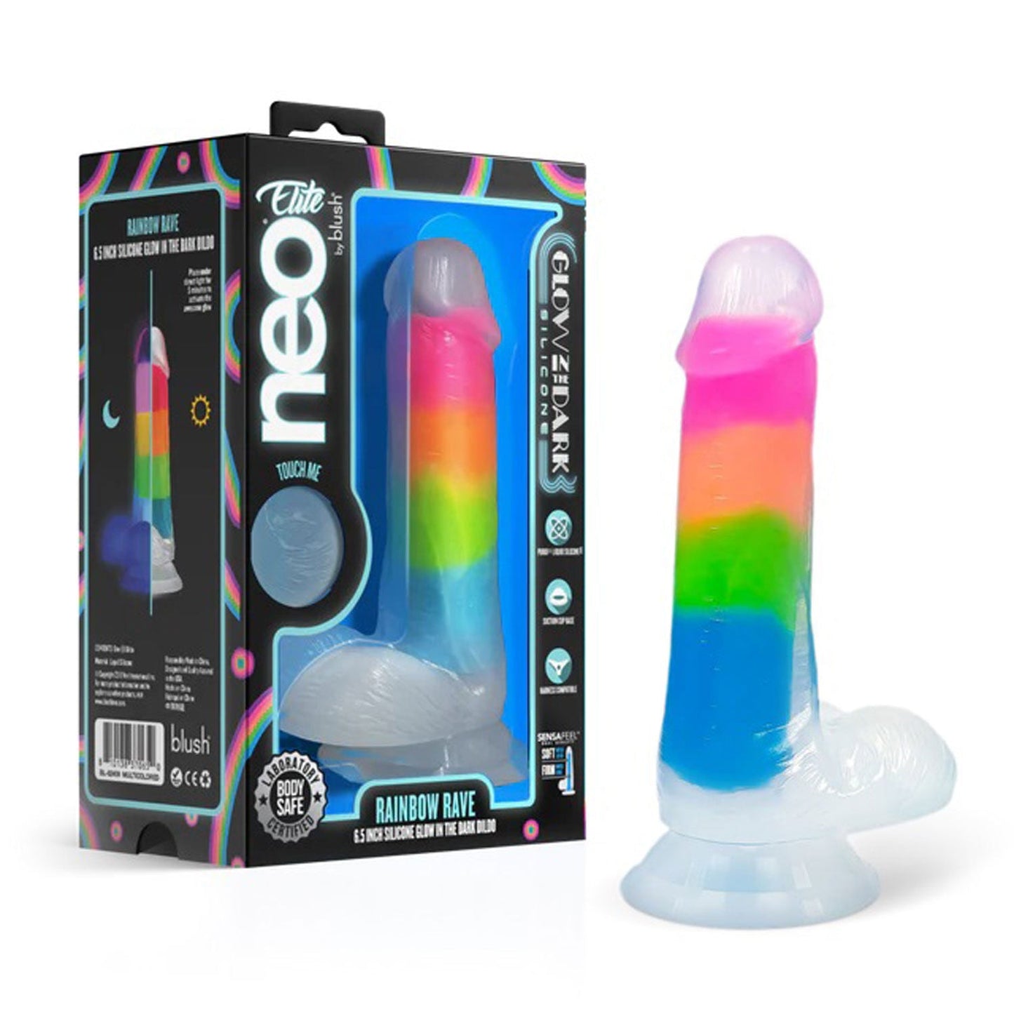 Blush Neo Elite Rainbow Rave (Glow in the Dark) Dual-Density 6.5 Inch Silicone Dildo