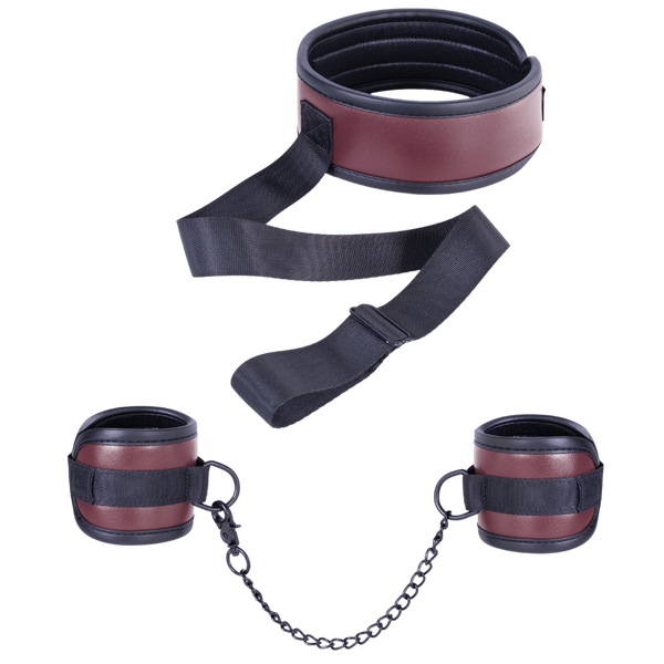 Adjustable Brown Collar with Handcuffs – Velcro Lock, Webbing Strap, 22.4cm Chain
