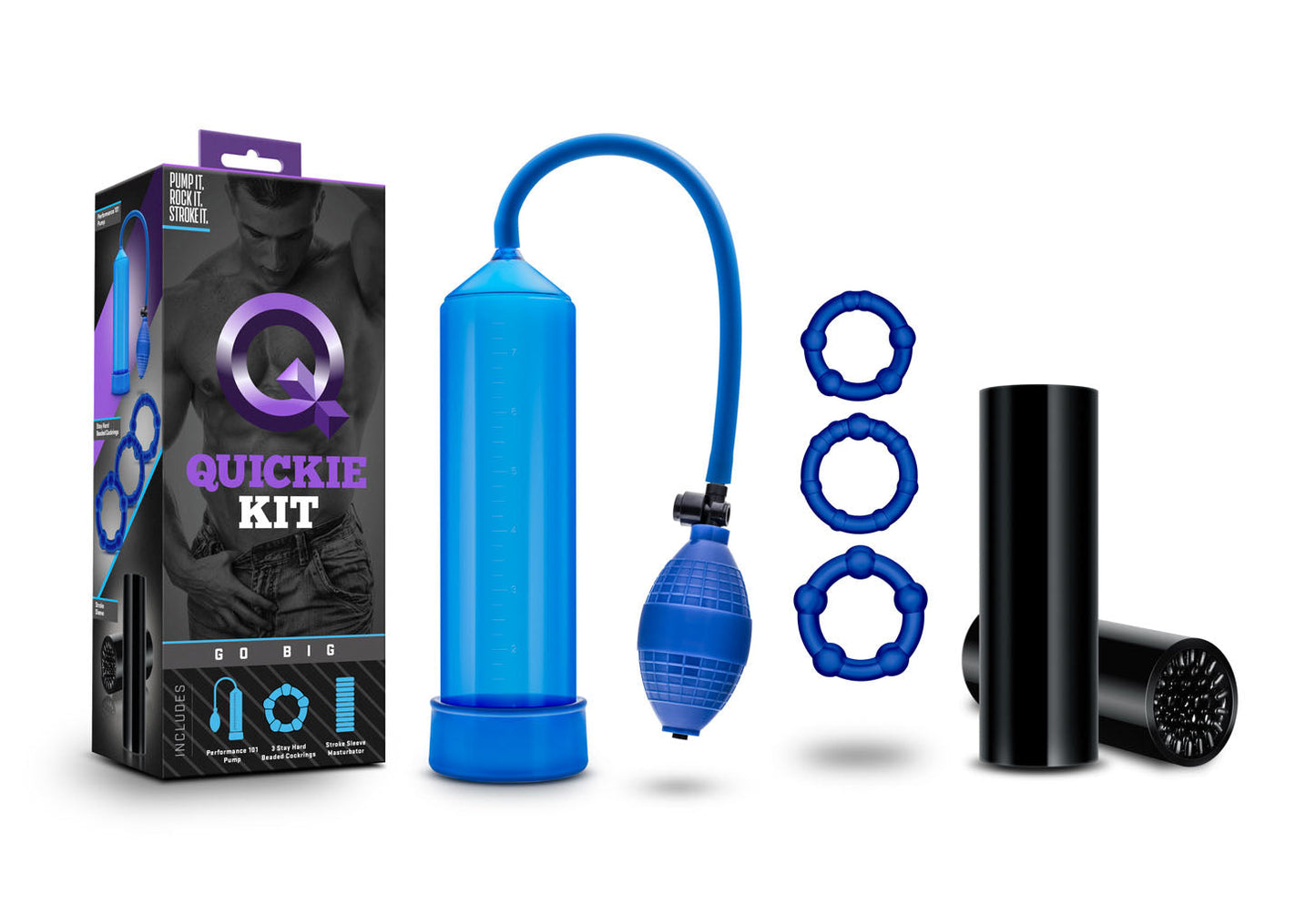 Quickie Go Big Kit Blue with Pump Beaded Rings and Sleeve