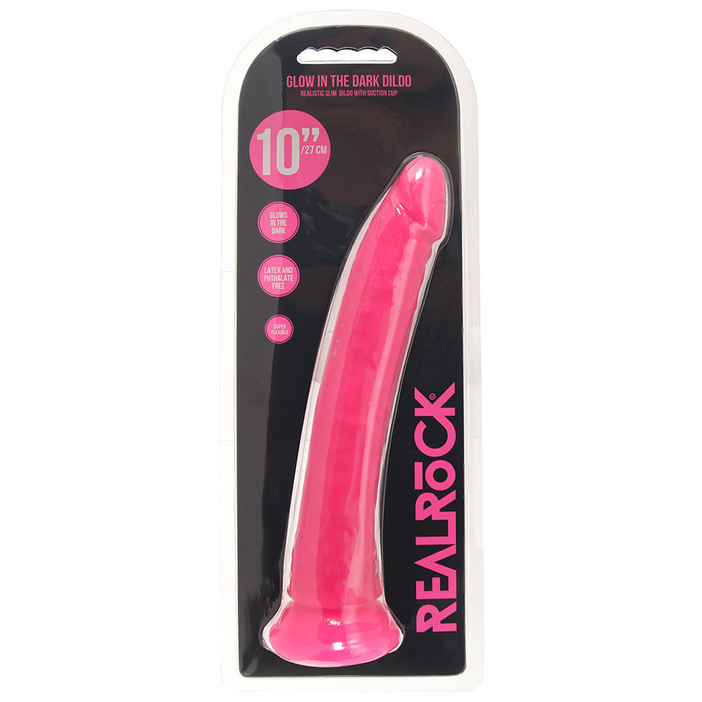 RealRock Glow In The Dark 10 Inch Slim Dildo in Pink Dildo Sex Toys > Realistic Dildos